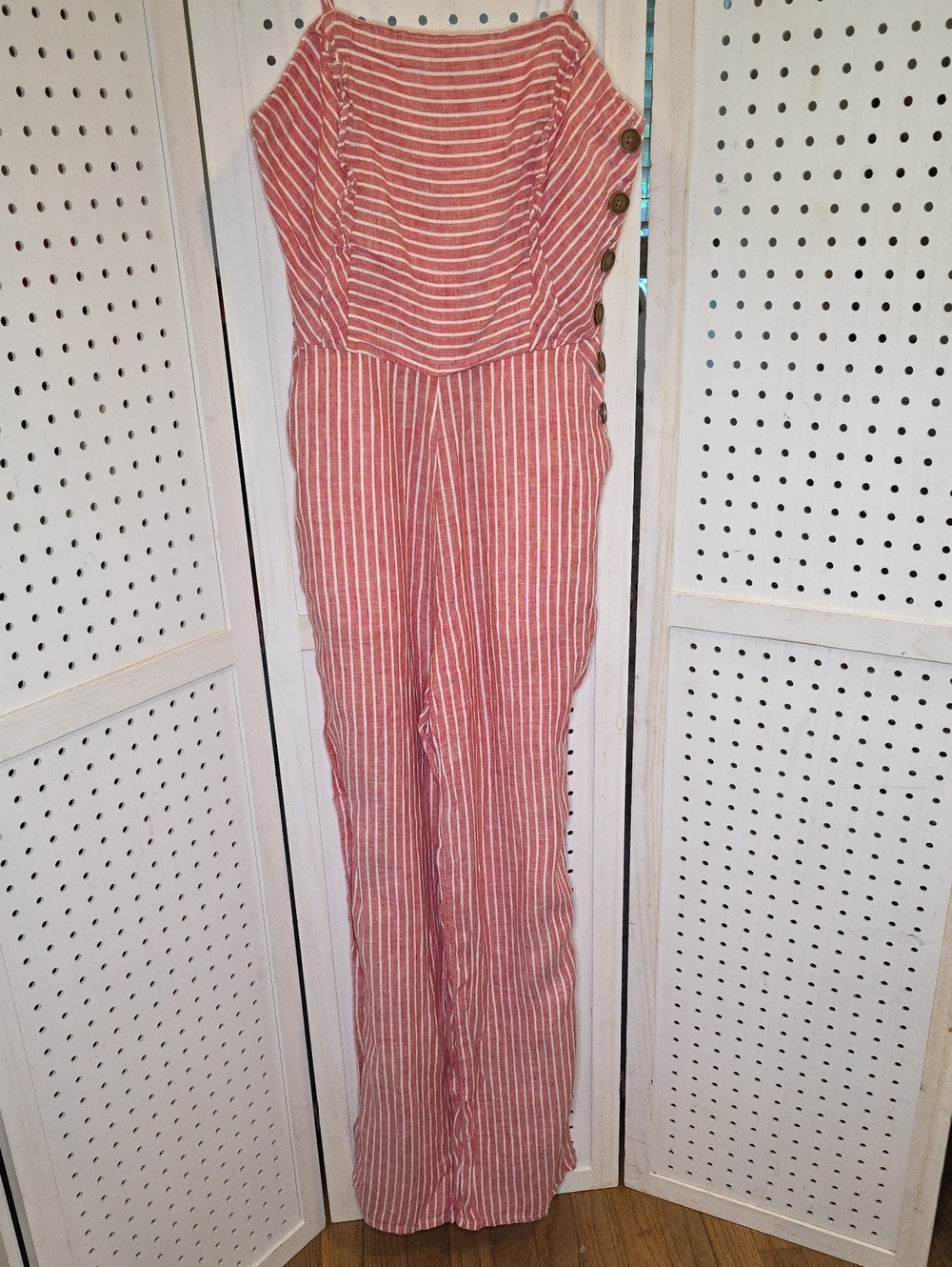 Mango Coral-Striped 100% Linen Blend Jumpsuit with Side Buttons S